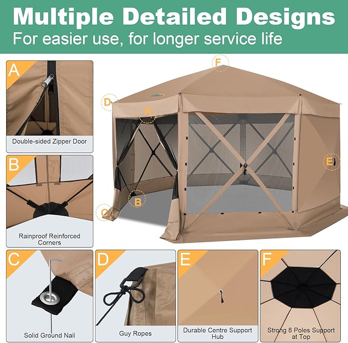 COBIZI 15x15 FT Pop Up Gazebo - Canopy Tent, Large Gazebos On Clearance with Sidewalls,carpas para Patio,Screened in Gazebo,Portable Screen Tents for 12-15 Persons Outdoor Camping, Backyard, Khaki
