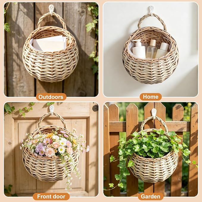 DOITOOL Wall Hanging Flower Basket, 2PCS Handmade Wicker Hanging Willow Wall Basket, Rattan Chlorophytum Comosum Holder for Boho Decor, Front Door, Home, Garden, Flowers, Mail, Fruit