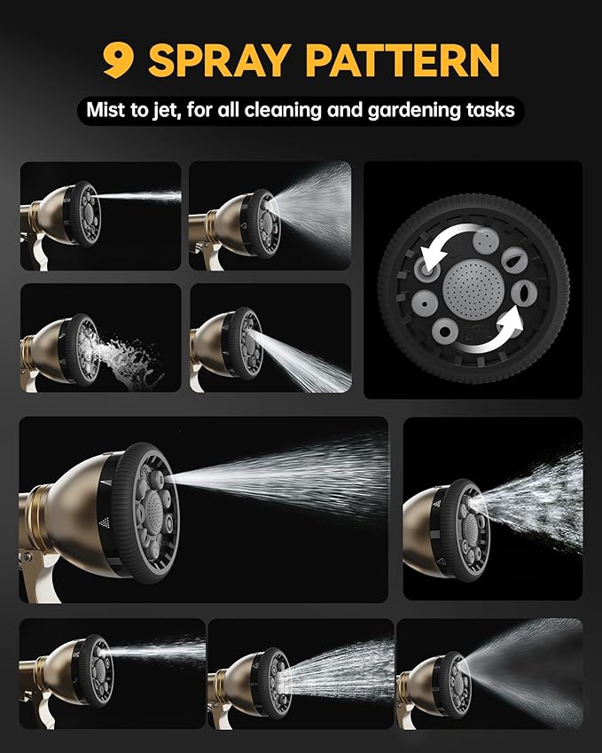 RAINPOINT Garden Hose Nozzle, 9 Spray Patterns Hose Sprayer Nozzle, Heavy Duty Metal Water Hose Nozzle, Adjustable Hand Sprayer, Watering Plants and Lawn, Pet Showering (Nozzle, Gray)