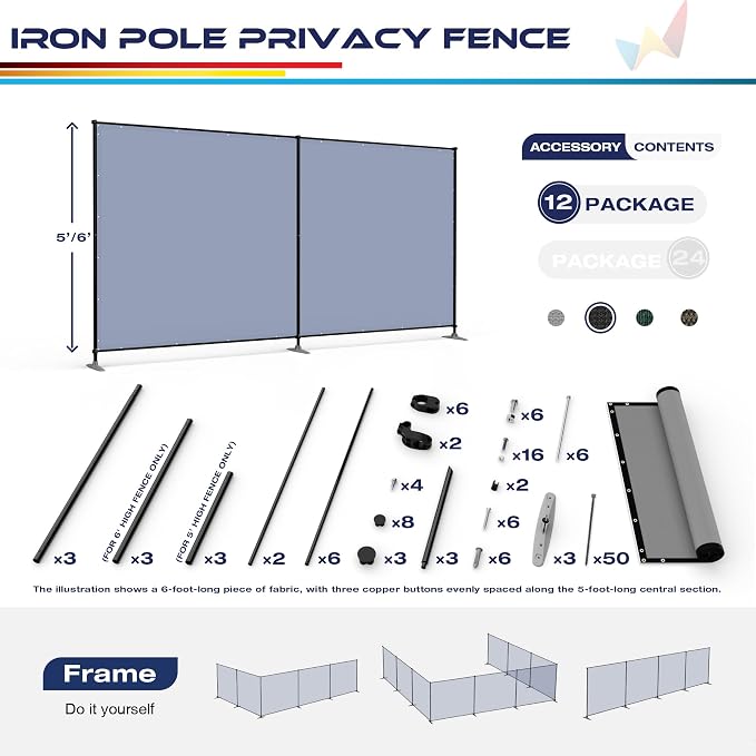 Windscreen4less Outdoor Privacy Fence Screen, 5'x58' Freestanding Privacy Fencing Set with Iron Poles and Ground Spikes, UV Resistant Mesh Cover Garden Pet Fencing for Backyard Patio Pool, Light Gray