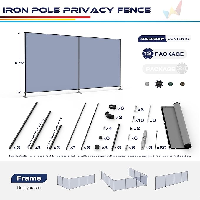 Windscreen4less Outdoor Privacy Fence Screen, 5'x69' Freestanding Privacy Fencing Set with Iron Poles and Ground Spikes, UV Resistant Mesh Cover Garden Pet Fencing for Backyard Patio Pool, Light Gray