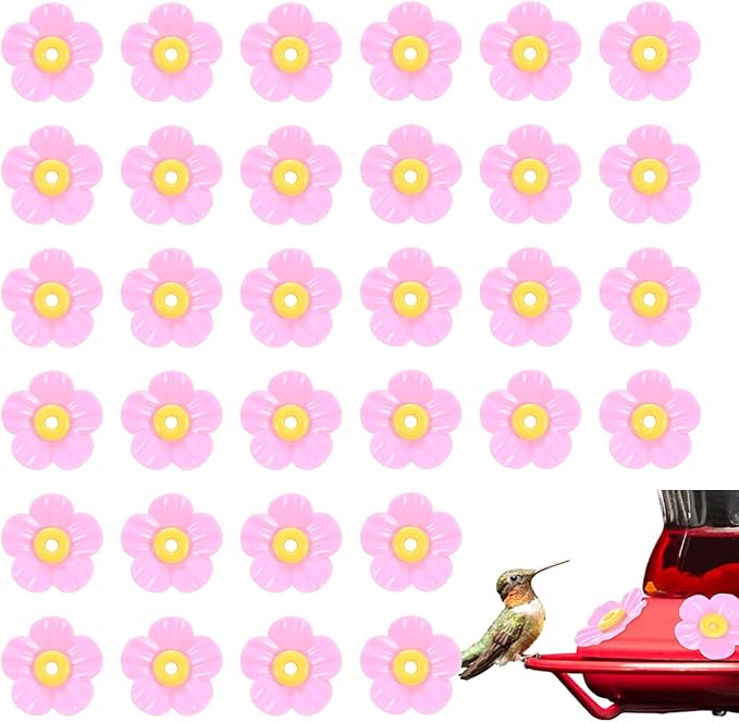 M METERXITY 32-Pack Hummingbird Feeder Replacement Flowers, Plastic Pet Hummingbird Feeding Parts Feeding Ports for Outdoor Hanging Feeders, Bees Guards [Rose Pink, Yellow]