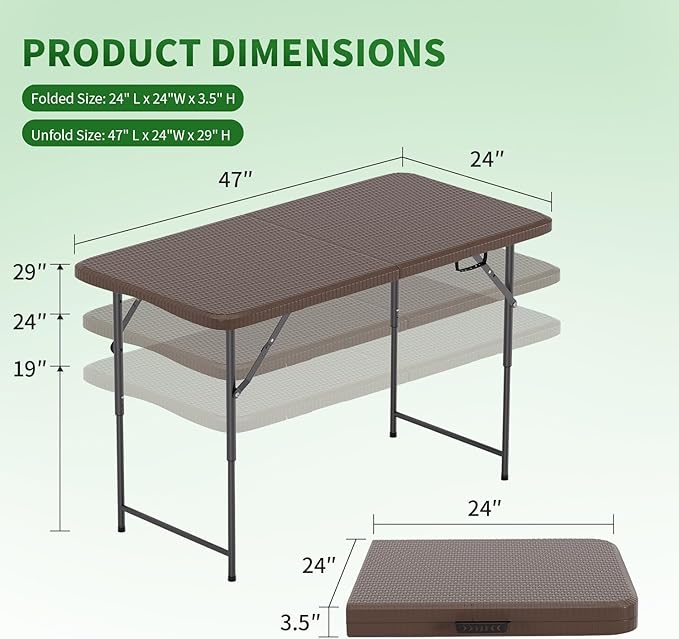 BestOffice 4 FT Picnic Table Folding Table Camping Plastic Table Fold Up Table Lock for Party Event, Brown Ratten