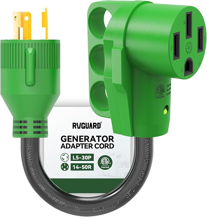 RVGUARD 3 Prong 30 Amp to 50 Amp RV Generator Adapter Cord 12 Inch, STW 10/3, L5-30P Locking Male Plug to 14-50R Female with LED Power Indicator, Green