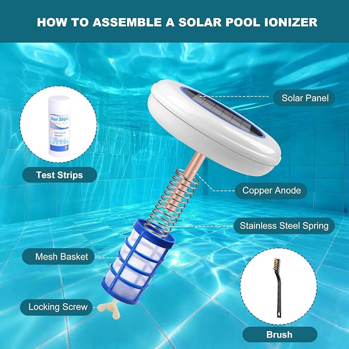 Solar Pool Ionizer - Pool Ionizer for Above Ground & Inground Pools Floating Copper Ionizer Durable Copper Anode Clear Water with Minimal Effort