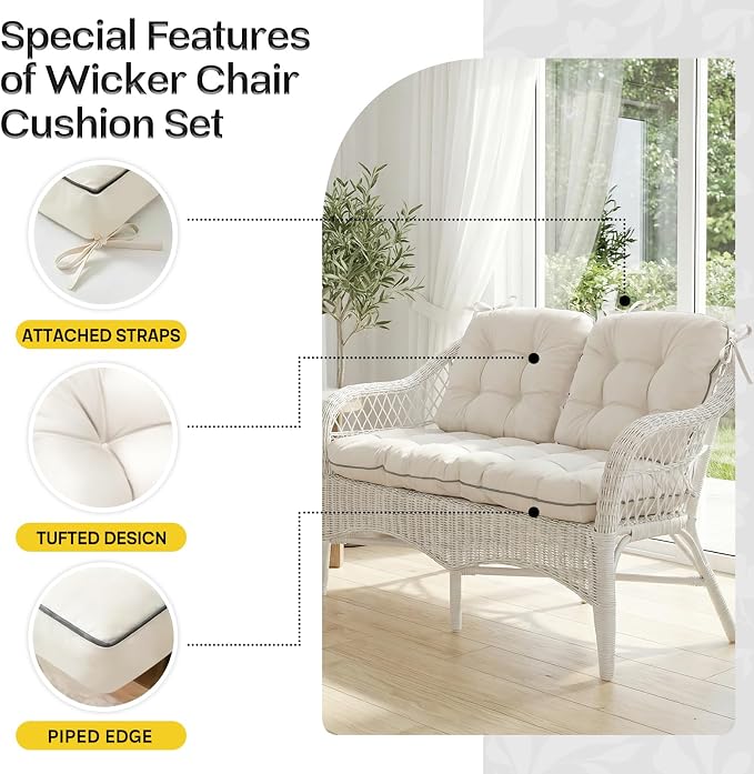 1 MIDDLE ONE Wicker Chair Cushions 3 Pieces Set for Outdoor Furniture, Replacement Patio Wicker Furniture Cushions, 1Pc Loveseat Cushion & 2Pcs Chair Cushions (Cream)