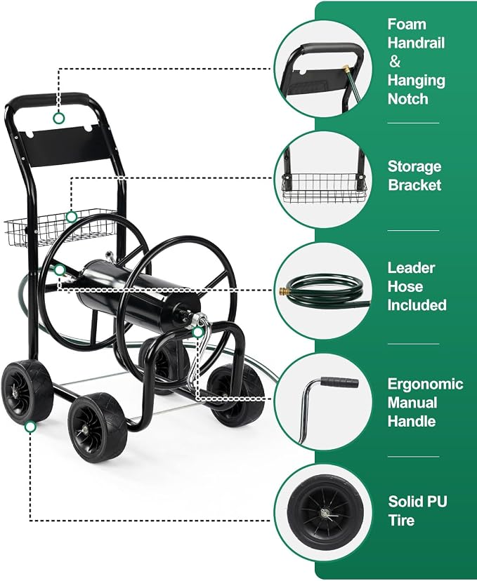 Outvita Garden Hose Reel Cart, Heavy Duty Water Hose Cart for Outside, Lawn Watering, for Garden, Yard, Lawn, Farm, Hold Up to 300 ft of 5/8’’ Hose, 4 PU Wheels, Storage Basket (Green)