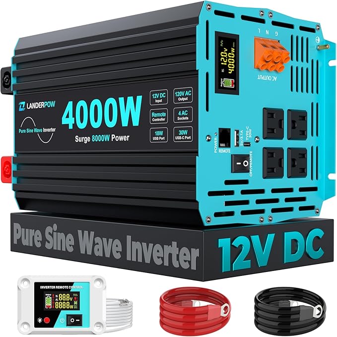 4000 Watt Inverter Pure Sine Wave 12V DC to 120V AC for RV, Truck, Solar, Home, Off-Grid, Power Inverter with 4 AC Outlet, 30W Type-C, 5V 3.1A USB, Hardwire Port, Remote Control, Surge 8000W