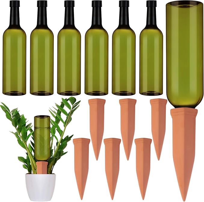 SiliFine 6 Sets Plant Watering Devices Include Terracotta Self Watering Spikes and 26 oz Plastic Bottles, Slow Release Vacation Insert Automatic Plant Waterer Device (Emerald Green and Terracotta)