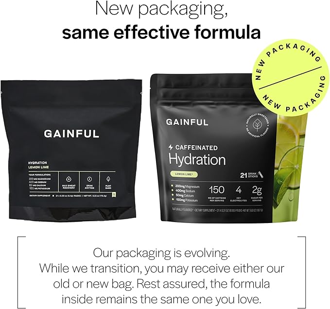Gainful Hydration + Caffeine Packets with Key Electrolytes Magnesium & Sodium + L Theanine, Low Sugar Drink Mix, Lemon Lime, 21 Sticks