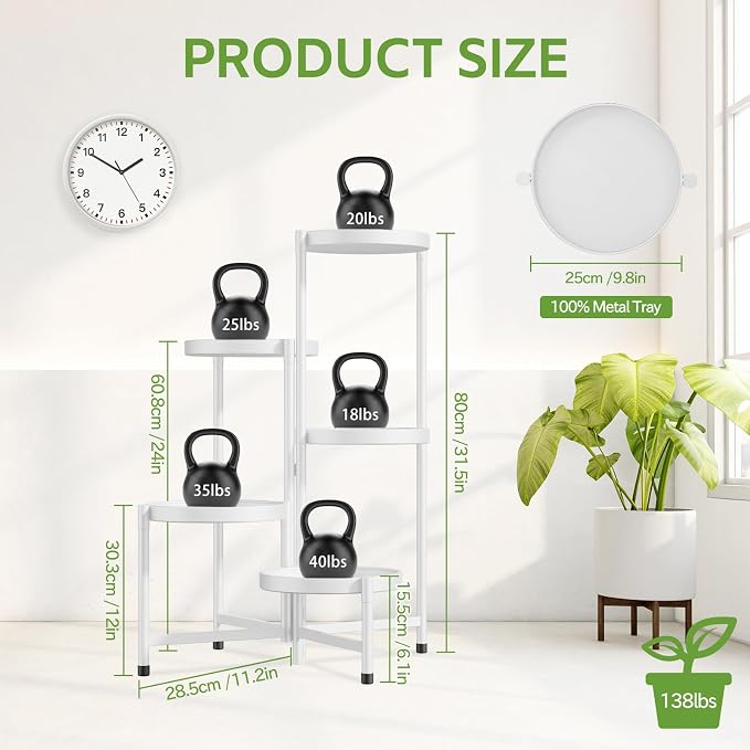 iDavosic.ly 5 Tier Plant Stand for Indoor Outdoor 2 Pack, Folding Large Corner Flower Pot Holder Shelf and Metal Plastic Tall Orchid Display Rack for Patio Porch Living Room Garden Balcony, White