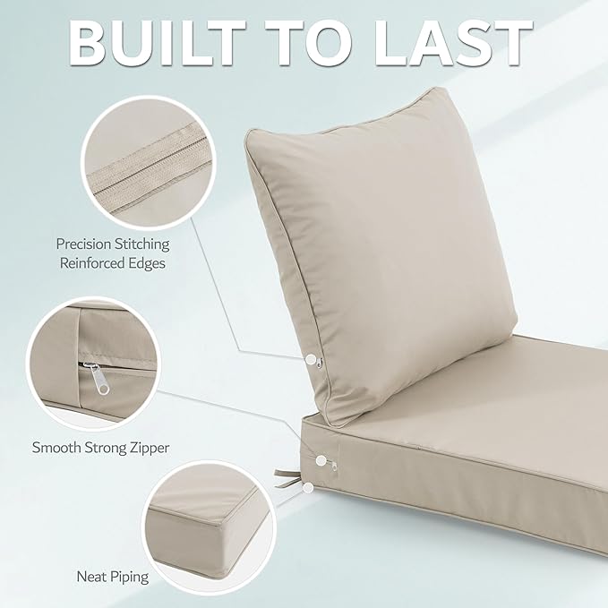 19x19 Inch Patio Chair Cushions Set of 2, Outdoor Furniture Cushions - Removable Cover, Water-Repellent, Fade-Resistant, Non-Slip Bottom & Straps, Replacement for Lawn, Porch & Deck Chair - Cream
