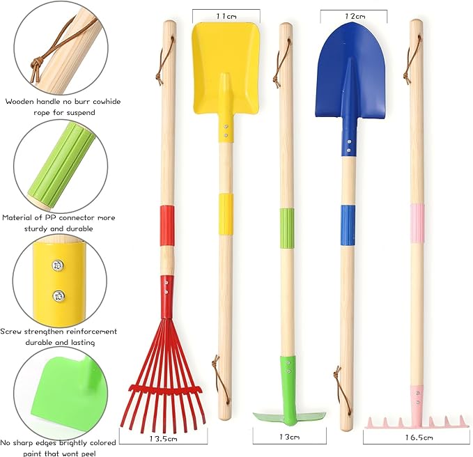 5 PCS 28" Detatchble Kids Gardening Tools, Metal Beach Digging Toys with Sturdy Wooden Handle, Safe Backyard Snow Sensory Playset Including Hoe, Tooth & Leaf Rakes, Flat & Pointed Shovels for Children