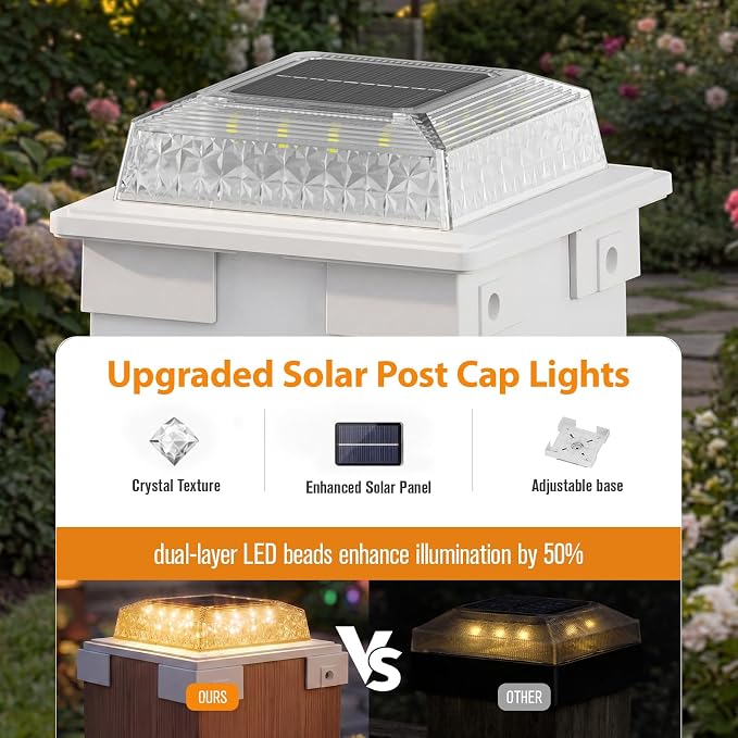 APONUO Solar Post Cap Lights, 3 Color Modes & 2 Brightness, Adjustable Base Fits 4x4 5x5 6x6 Posts (3.5-5.5 Inch), IP65 Waterproof, Deck & Fence Post Lights Solar Powered with Screws, White, 6 Pack