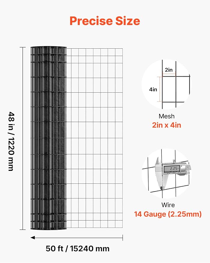 VEVOR Hardware Cloth, 48 in x 50 ft, 2 x 4 in Mesh 14 Gauge Galvanized Steel Wire Fencing for Cattle, Hog & Sheep, Heavy Duty Vinyl Coated Fence for Animal Enclosures, Cage Wire, Garden Fences