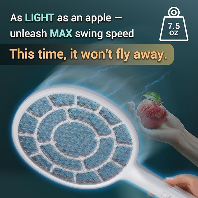 YsChois Electric Fly Swatter, Bug Zapper, Mosquito Zapper Racket | Gold Zone Voltage, Densest 3 mm Mesh, Apple-Like Weight - AA Battery Powered (not incl.) - Indoor & Outdoor Use with Pro Swat Tips