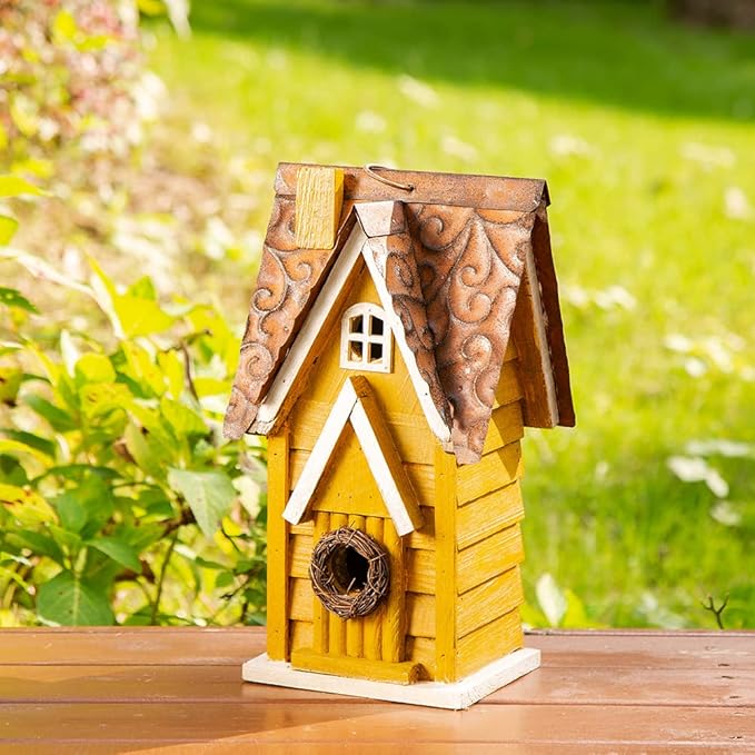 Glitzhome Bird Houses for Outside, 12" H Solid Wood Blue Bird House, Yellow Distressed Cottage Bird Nesting Box Decorative Birdhouse Hanging Bird House for Outdoors, Finch Swallow Wren Chickadee