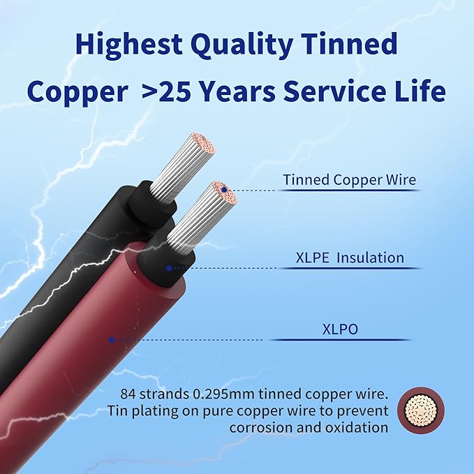 Solar Extension Cable 10AWG 6mm² 150FT PV Wire 10Gauge Adaptor Panels Cables with Female & Male IP68 Waterproof Connectors for Outdoors, Marine, RV, Photovoltaic (Black& Red)