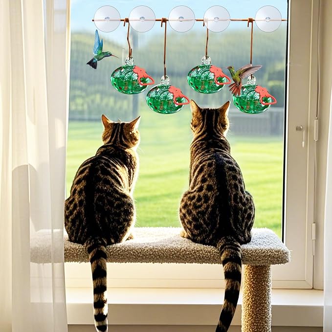 Pozfun Set of 3 Hummingbird Feeders for Outdoors Hanging,Hand-Blown Glass Hummingbird Feeder with Silicone Feeding Perch,Never Leak,Gardening Gifts for Woman Man(Red)