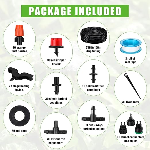 Sasylvia 656 Ft Drip Irrigation Kit 1/4'' Irrigation System Tubing Distribution Hose Greenhouse Garden Watering Misting Drip Kit Automatic Irrigation Equipment for Yard Lawn Patio