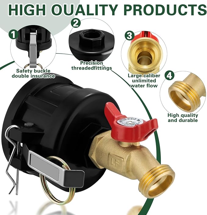 IBC Tote Adapter, 2" Cam Lock for 275-330 Gallon IBC Tote Tank with 2packs Groove Fittings, IBC Tote to Garden Hose Adapter with Brass Hose Faucet (1/2'' Red Handle Brass Valve)