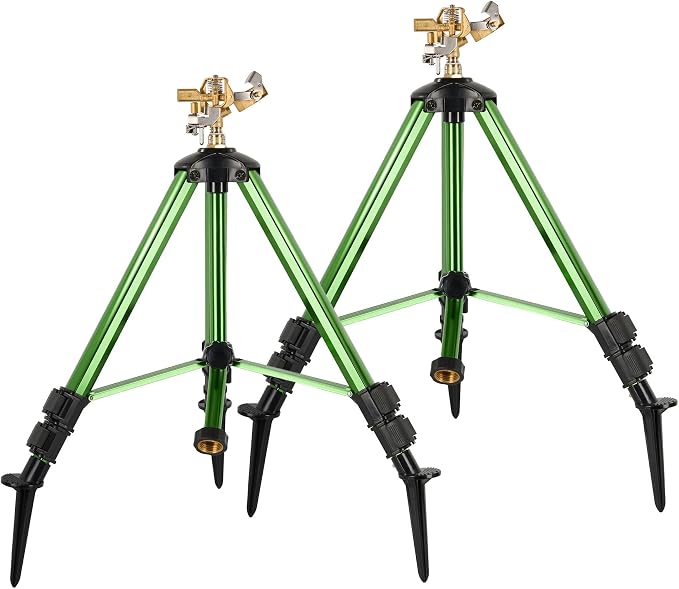 2 Pcs Sprinklers for Yard, Heavy-Duty Impact Sprinkler on Tripod Base, 360 Degree Large Area Water Sprinklers, Adjustable Height 19-37” Sprinkler for Lawn Garden