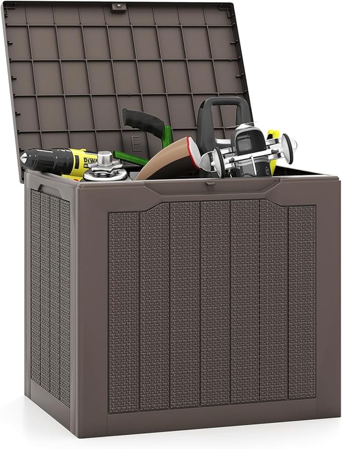 Tangkula 30 Gallon Outdoor Storage Box, Resin Outdoor Storage Bench with Lockable Lid, Waterproof Deck Box for Garden Tools, Pool Accessories, Cushions