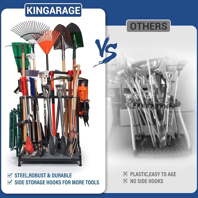 Garden Tool Organizer, Yard Tools Rack Holds 55 Long-Handled Tools/Rakes/Brooms for Garage Organization and Storage, Shed, Outdoor, Lawn, Heavy-Duty Steel, Black, Easy Assembly