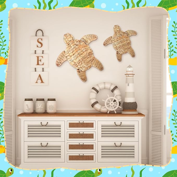 Threehoney 2 Pcs Sea Turtle Beach Theme Decor 2 Size Handmade Wicker Turtle Wall Decor Sea Life Hanging Wall Art Coastal Nautical Sculpture Table Decoration for Boho Bathroom Indoor Outdoor Ornament
