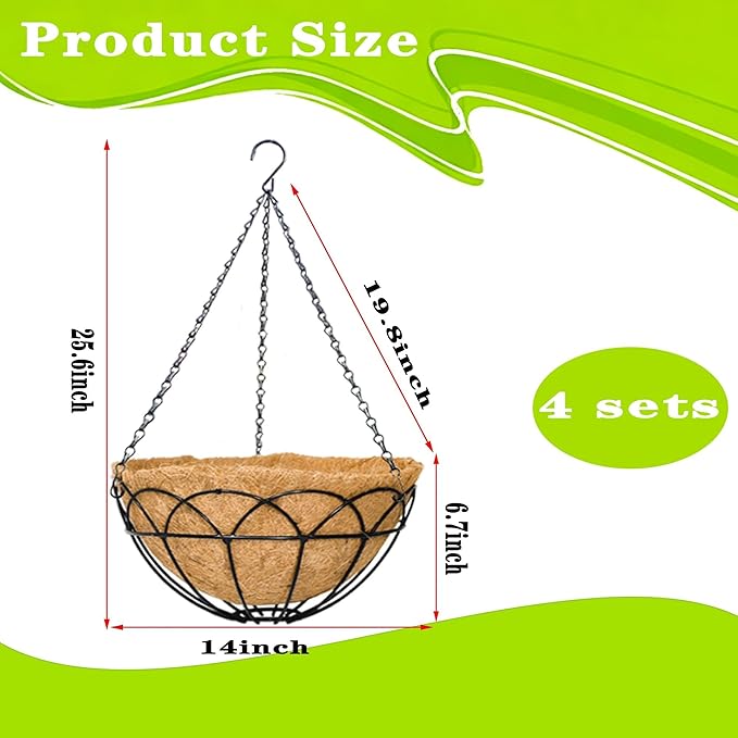 4 Pack 14 Inch Black Wire Hanging Planter with Coir Fiber Outdoor Round Hanging Basket with Metal Chain for Balcony Porch Farmhouse Country Style Garden Decor (Lotus Pattern)