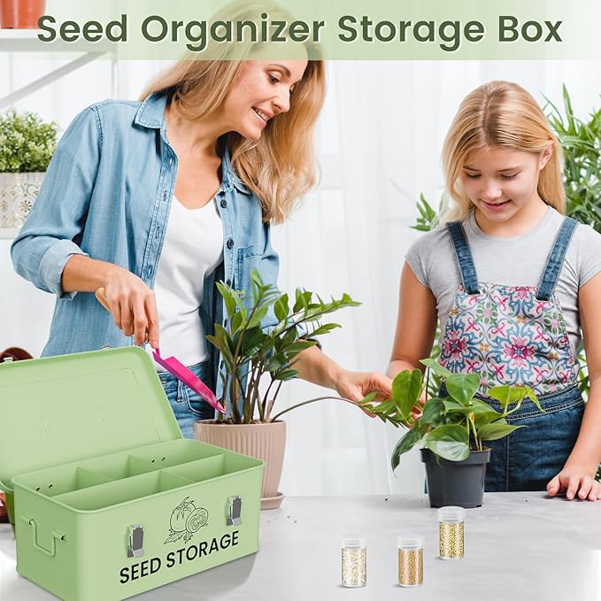 Seed Storage Organizer Box, Metal Seed Box, Garden Seed Organizer with Lid, Seed Containers Storage with 5 Compartments, 30 Seed Holder Organizers, 100pcs Seed Envelopes (Green)