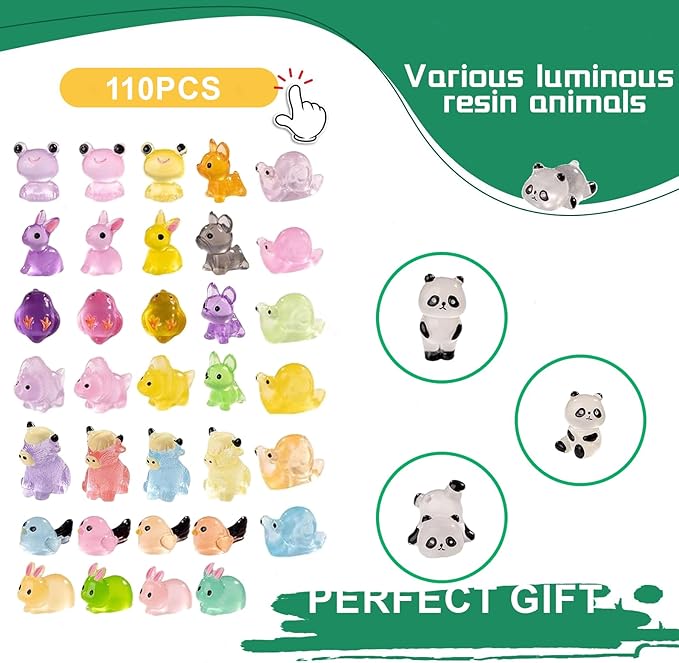 110 Pack Mini Animals Tiny Animal Figurines Bulk for Miniature Glow in Night Dollhouse Decor Accessories Garden Aquarium Potted Ornament Party DIY Charms Office Classroom Activity to Hide
