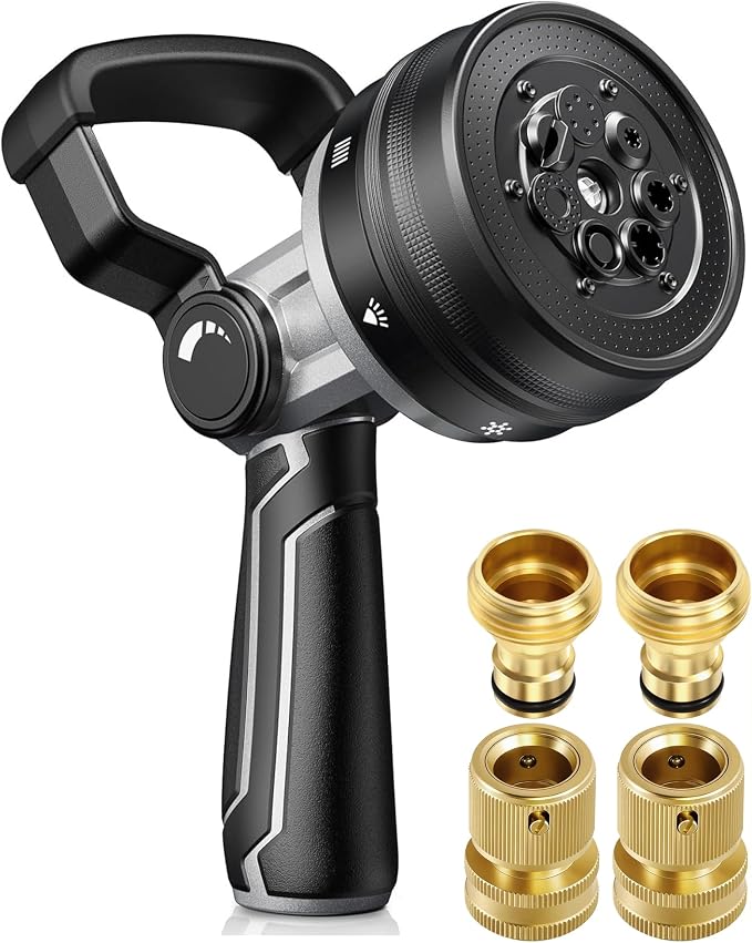 RAINPOINT Garden Hose Nozzle with Solid Brass Quick Connector 7 Spray Patterns Heavy Duty Metal Water Hose Sprayer and 3/4 GHT Leak-Proof Fittings for Instant Connection and Device Switching
