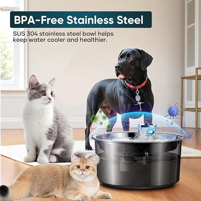 lesotc Dog Water Fountain for Large Dogs/Cats, 2.6 Gallon Pet Water Fountain Cat Water Fountain 10L Dog Water Bowl Dispenser with Stainless Steel Filtered Drinking Bowl for Dogs & Cats & Multiple Pets
