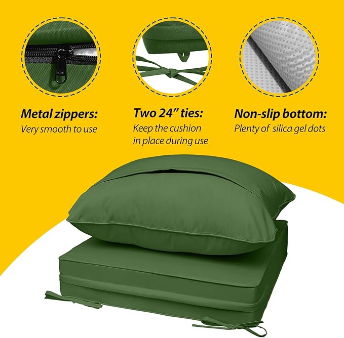 AAAAAcessories Outdoor Seat Cushions for Chairs, Fade-Resistant, Waterproof Patio Furniture Replacement Cushions, 23.5" x 25.5" x 5" + 23.5" x 19", Dark Moss Green