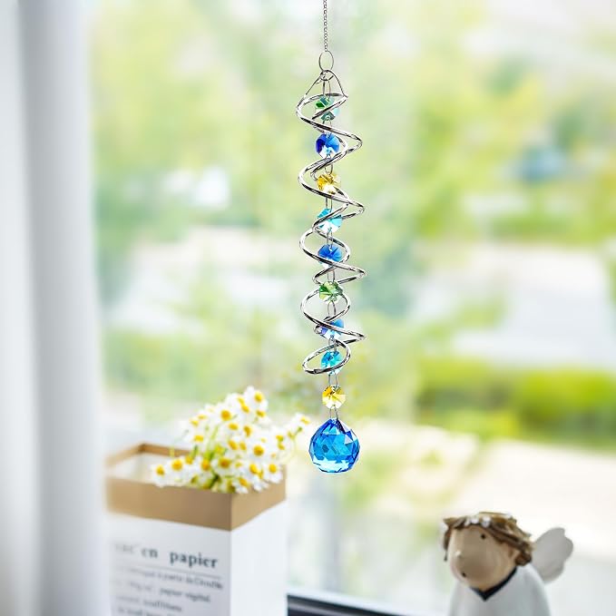 H&D HYALINE & DORA 20.5inch Gazing Ball Spiral Tail,Decorative Wind Spinner Sun Catcher,Rainbow Maker Double-Spiral W/Sea Blue Crystal Ball and Chain,Glass Crystals for Indoor Outdoor Decoration