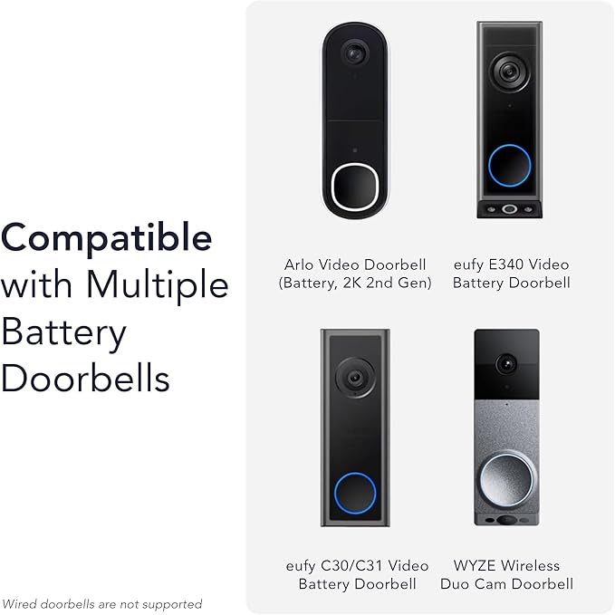 Wasserstein Doorbell Solar Charger with Built-in Battery Compatible with Arlo Video Battery Doorbell 2K (2nd Gen), WYZE Wireless Duo Cam & eufy E340/C30/C31 Doorbell (2.5W)