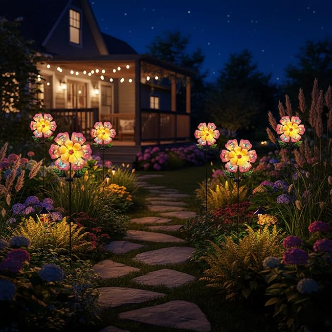 Giant Flower Garden Stakes Decorative with 50 String LED Lights and Butterflies, 46.7" Pink Solar Flowers Outdoor Waterproof for Yard Patio Lawn Decoration