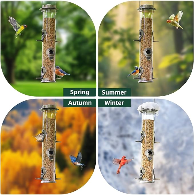 ERYTLLY Metal Bird Feeders 6 Port Tube Bird Feeder for Wild Birds, 1.4mm Extra Thick Solid Tube Transparent with Metal Lid for Outside