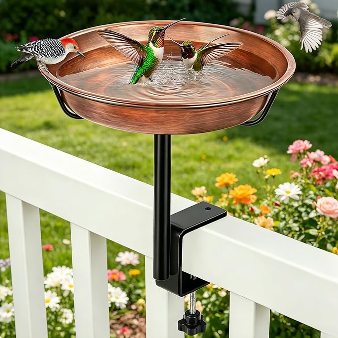 Gtongoko Deck Mounted Metal Bird Bath for Outside 12 Inch, Weather-Resistant Birdbath Bowl for Balcony Fence Railing with Adjustable Clamp Outdoors