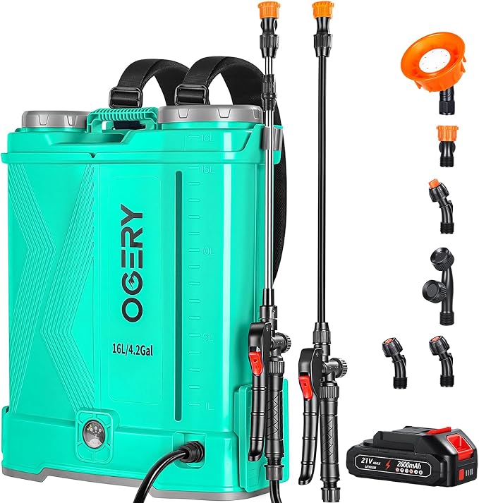 OGERY Battery Powered Backpack Sprayer 4 Gallon, 2.6Ah 21V Battery Electric Pump Sprayer with 6 Nozzles, Telescopic Stainless Steel + Plastic Wand for Lawn Garden Weed Yard Cleaning (Charger Included)