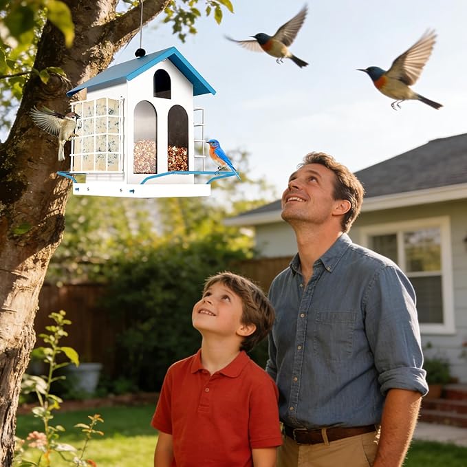 Bird Feeder for Outdoor Hanging, Heavy-Duty Metal Bird Feeder, Waterproof Metal Roof, Double-Layer Suet Cage, Large-Capacity Hanging Bird Feeder