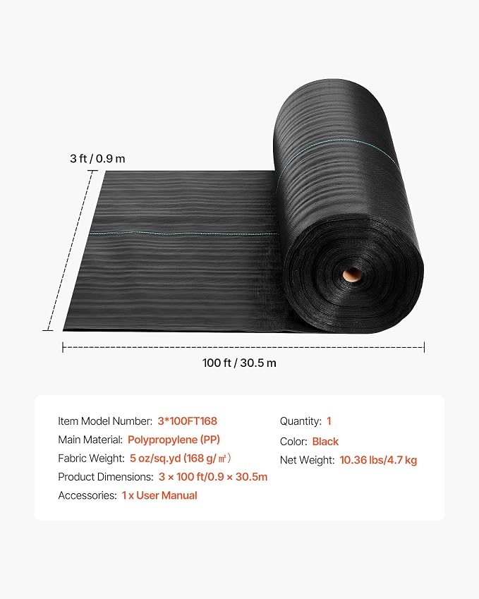 VEVOR 3x100FT 5oz Weed Barrier Fabric Heavy Duty, Landscape Fabric, Weed Blocker Fabric, Garden Weed Mat Lawn Fabric, Weed Control Fabric, Driveway Fabric, Ground Cover, Woven Landscape Cloth, Black