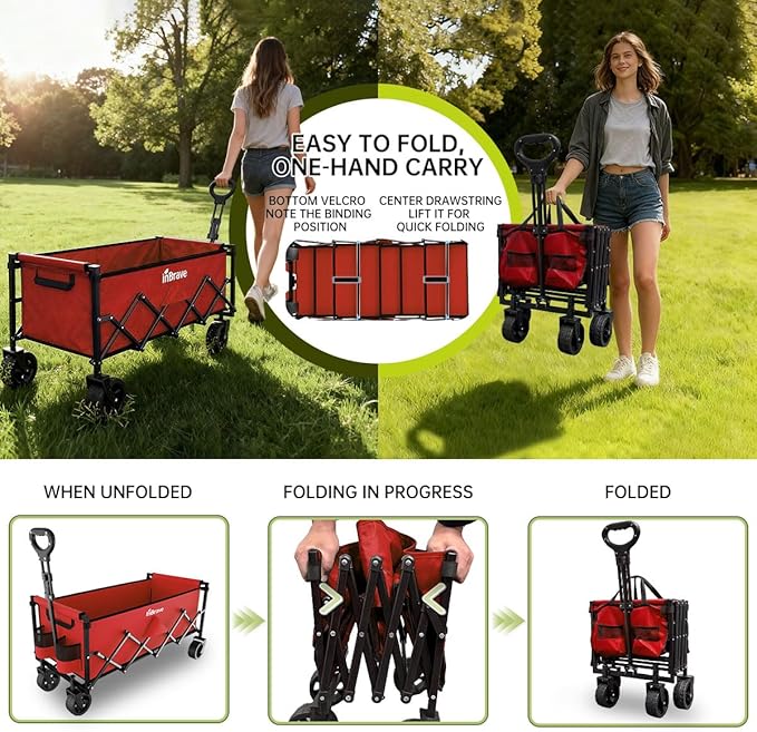 Extra Long Collapsible Wagon Cart, 480LBS Heavy Duty Utility Wagons with All-Terrain Wheels, Foldable Grocery Carts for Gardening, Shopping, Beach, Camping, Red