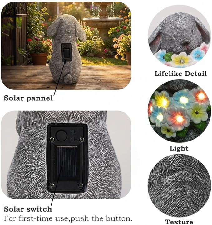 PETAFLOP Solar Garden Statues Outdoor Decor, Rabbit Figurines with Flowers for Patio Balcony Lawn Yard Decorations, Birthday Housewarming Gifts for Women Mom Grandma