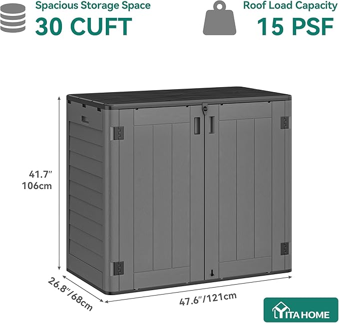 YITAHOME 30 Cu Ft Outdoor Storage Shed, Waterproof Storage Cabinet for Bike & Garden Shed, Horizontal Outdoor Storage Shed for Garage, Pool Storage, Dark Gray & Black