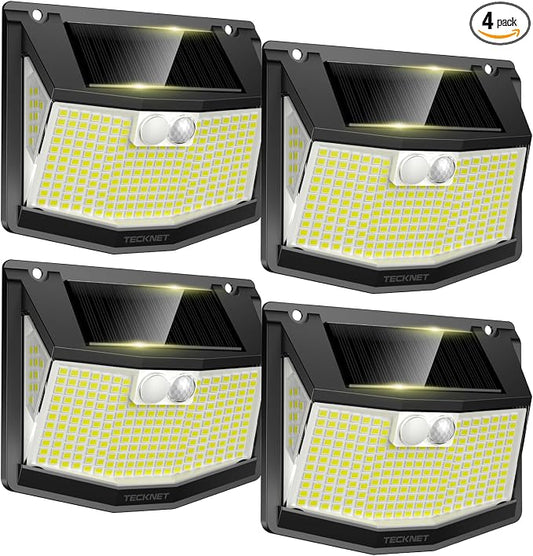 TECKNET 248 LED Outdoor Solar Lights & Motion Sensor 4 Pack, 300° Angle & 3 Lighting Modes Solar Lights Outdoor Waterproof, Solar Powered Security Flood Wall Lights IP66 for Outside/Yard Fence/Garden