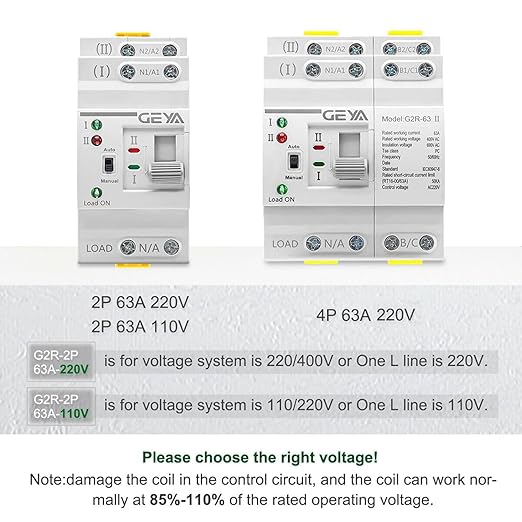 GEYA Mini ATS Dual Power Automatic/Manual Transfer Switch, Over & Under Voltage Protection Solar Auto Switch Uninterrupted Power Din Rail(2Pole-63A-AC110V)