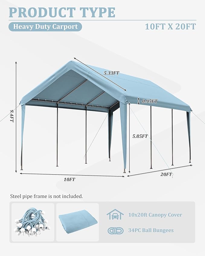 10 X 20 Ft Canopy Replacement Cover Heavy Duty Waterproof UV & Tear Resistant Car Tarp Canopy Tent Garage Top Shelter Oxford Cover with Ball Bungees (Frame is Not Included)