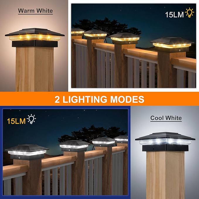 APONUO Solar Post Cap Lights 6-Pack, Black IP64 Waterproof 16 LED Fence Post Solar Lights for 4x4 5x5 6x6 Wood/Vinyl Posts, 2-Mode Deck Post Lights Solar Powered, 10-Hr Lighting for Patio Yard Porch